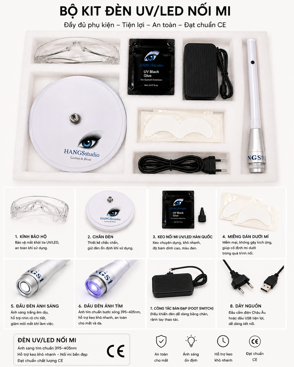Bộ Dụng Cụ Nối Mi UV Chuyên Nghiệp Hang's Studio – Đèn UV Để Làm Khô Keo Nối Mi Nhanh Chóng